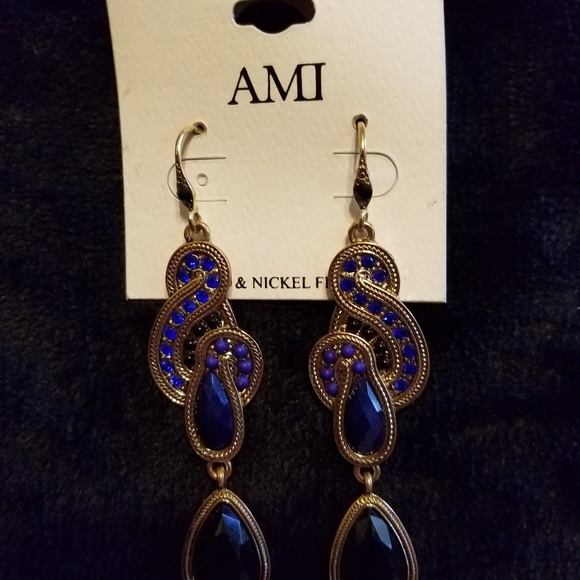 Blue, Black and Gold dangle earrings - Picture 5 of 5